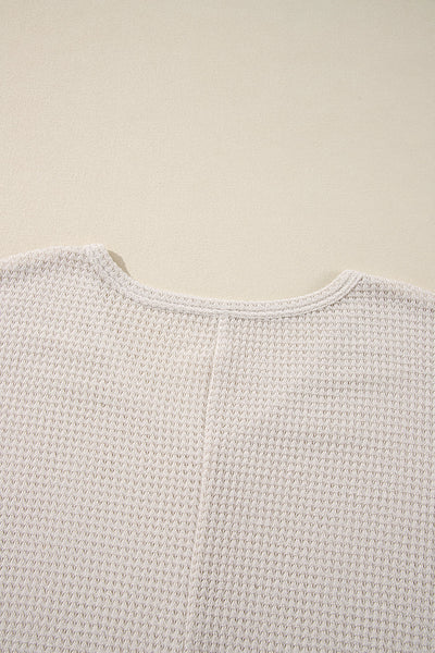 Women's Relaxed Fit White Waffle Knit V-Neck Top with Side Slits - Effortless Casual Shirt for Stylish Everyday Wear