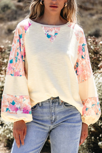 Trendy Women's Apricot Floral Patchwork Blouse with Textured Fabric and Balloon Sleeves for Effortless Style