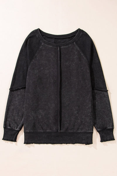 cozy women's black waffle knit raglan sweatshirt - trendy patchwork design for casual outings and everyday wear made for easy styling and wardrobe