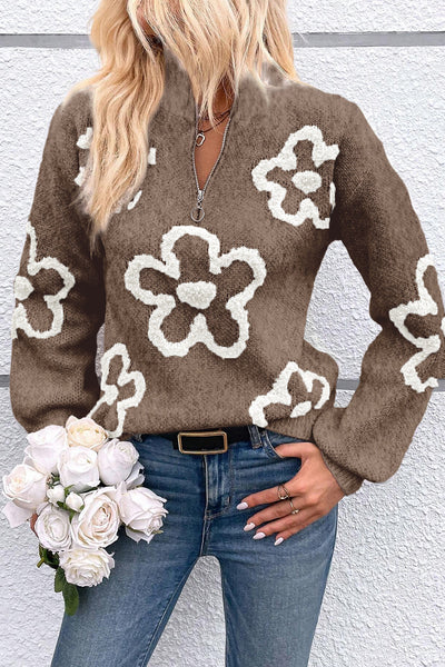 Trendy Women's Half-Zip Floral Sweater in Parchment with Stand Neck - Cozy Fall Essential for Stylish Outfits