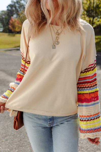 Beige Women's Casual Chic Round Neck Knit Top with Colorful Patchwork and Stylish Sleeves for Effortless Style