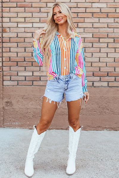 Trendy Women's Orange Striped Loose-Fit Drop Shoulder Shirt - Casual Multicolor Top for Effortless Everyday Style