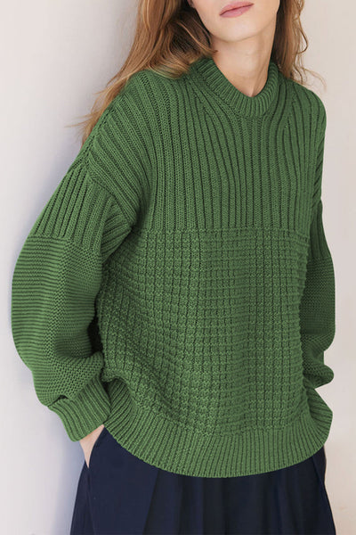 Women's Vineyard Green Mixed-Texture Knit Crewneck Sweater