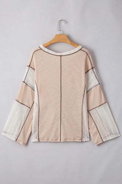 Women's High-Low Loose Top in Parchment with Crochet Detail and Exposed Seams for Effortless Style and Comfort