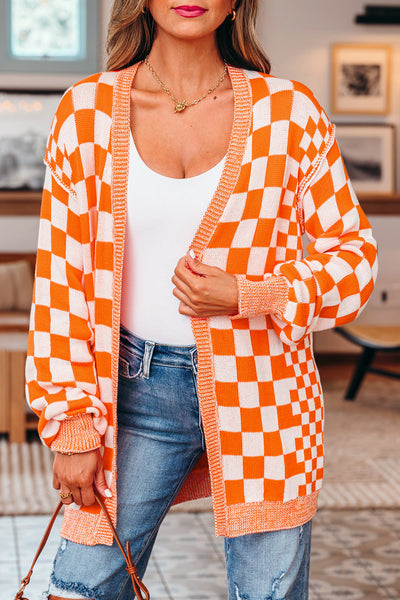 Cozy Women's Orange Checkered Cardigan - Stylish Knit Layer for Effortless Casual Looks and Comfortable Layering