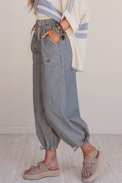 Women's Blue Ticking Stripe Wide-Leg Utility Jogger