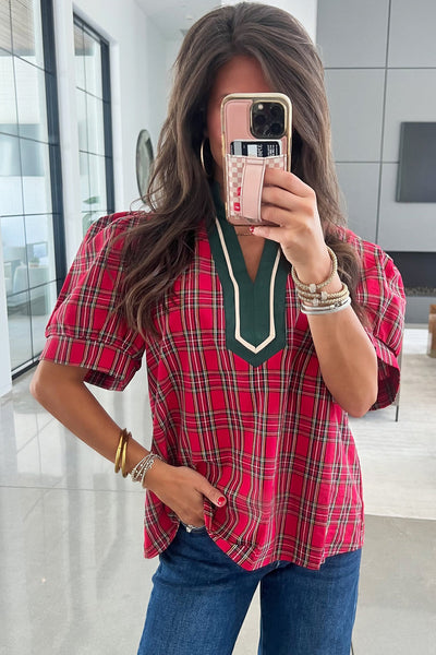 chic women's red plaid v-neck blouse with contrast trim - versatile short sleeve top for casual and office outfits made for easy styling and wardrobe