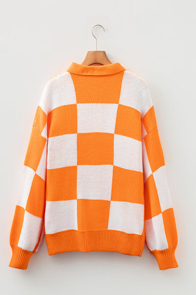 Women's Casual Grapefruit Orange Checkered Sweater with Polo Collar Relaxed Fit Knit Top for Everyday Style