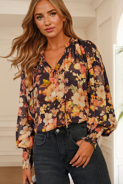 Stylish Women's Black Floral V-Neck Blouse with Long Puff Sleeves - Lightweight and Breezy Summer Fashion Top