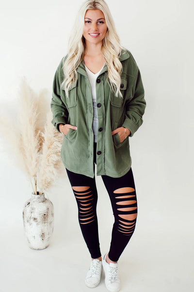 Women's Cozy Smoke Green Fleece Shacket with Exposed Seams & Button Down, Trendy Patchwork Design for Ultimate Comfort