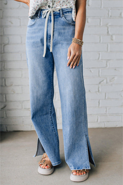 Trendy High-Waisted Women's Distressed Jeans with Slit Legs in Classic Blue for Effortless Everyday Style
