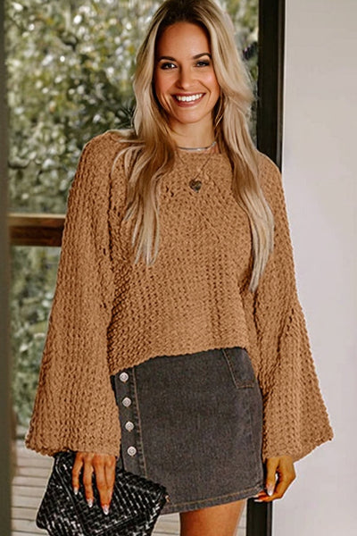 Women's Camel Bell Sleeve Hollow Out Knit Sweater