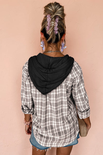 Trendy Women's Black Checkered Hooded Shacket - Loose Fit Button-Up Layer for Casual Chic Style