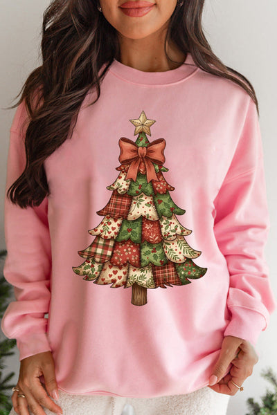 Patchwork Christmas Tree Crewneck Sweatshirt in Pink with practical styling and dependable silhouette control.