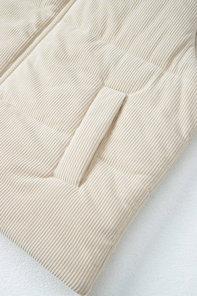 Women's Beige Corduroy Stand Neck Puffer Vest with Zipper