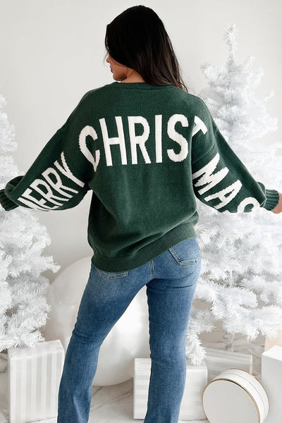 Women's Cozy Blackish Green "Merry Christmas" Drop Shoulder Sweater - Relaxed Fit for Festive Holiday Style