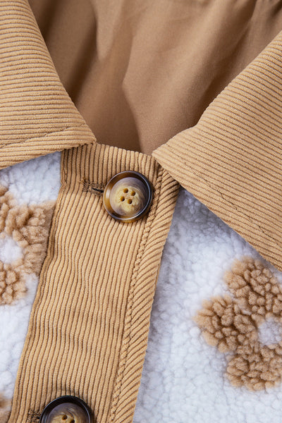 Women's Cozy Casual Light Beige Fleece Jacket with Floral Pattern and Button-Up Design for Effortless Style