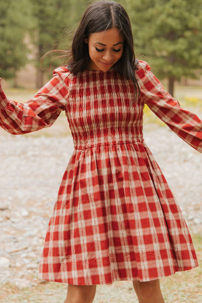 Trendy Women's Red Plaid Long Sleeve Mini Dress with Smocked Waist and Flared Skirt for Effortless Casual Style