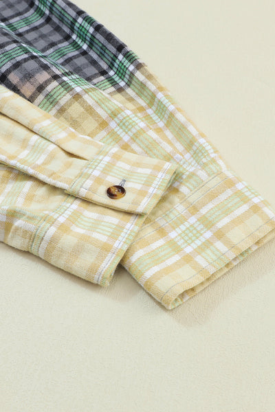 Green Plaid Patchwork Button Up Shacket with Chest Pocket