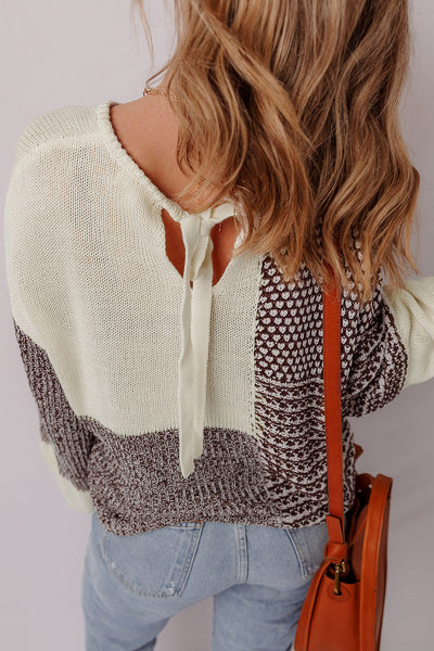 Women's Dark Khaki Color Block Sweater with Back Tie, Drop Shoulder, and Relaxed Fit for Effortless Chic Style