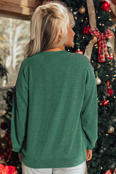 Women's Loose Fit Long Sleeve Twisted Rib Graphic Top in Blackish Green with Merry Letter Design