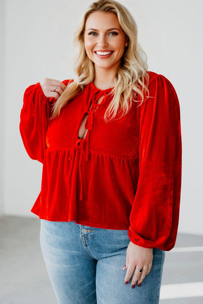 Chic Plus Size Fiery Red Velvet Peplum Blouse for Women with Tie Front Detail - Stylish and Flattering Fit