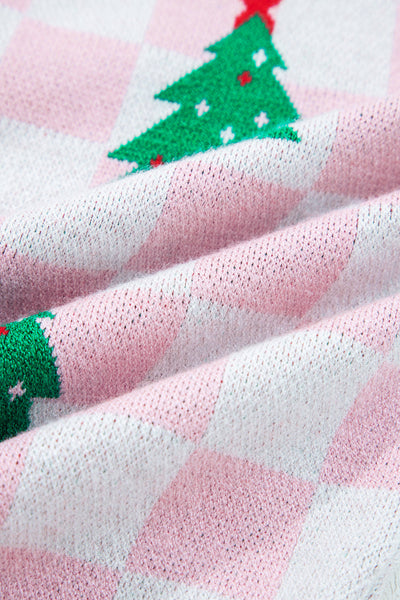 Cozy Women's Pink Checkered V-Neck Cardigan Sweater for Festive Holiday Outfits and Christmas Cheer