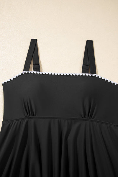 Black Fit-and-Flare Ricrac Trim Tankini Swimsuit Set with practical styling and dependable silhouette control.
