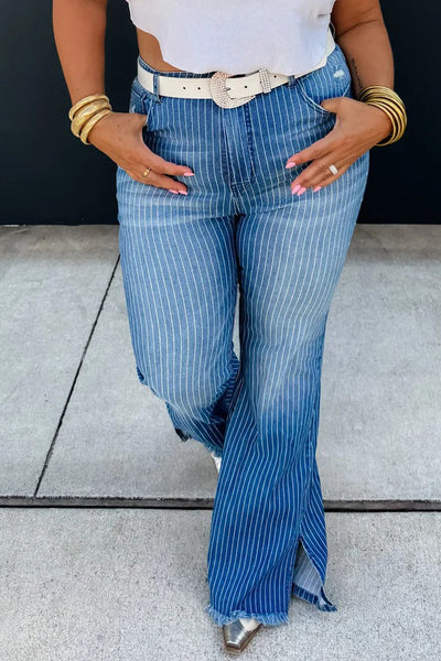 Trendy Women's Sky Blue Striped High-Waisted Flared Jeans with Raw Hem & Split Leg Design for a Chic Look