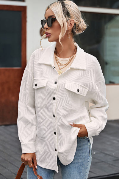 Women's Textured Button-Up Shacket in Olive Green - Trendy Layering Top with Flap Pockets for Casual Chic Style