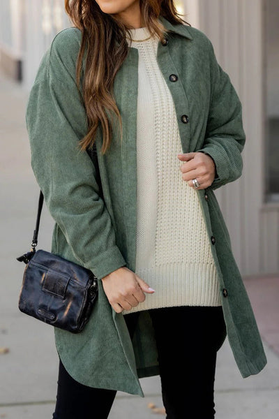 Stylish Women's Oversized Mist Green Corduroy Shacket with Side Slits Comfortable Layering Essential for Every Season