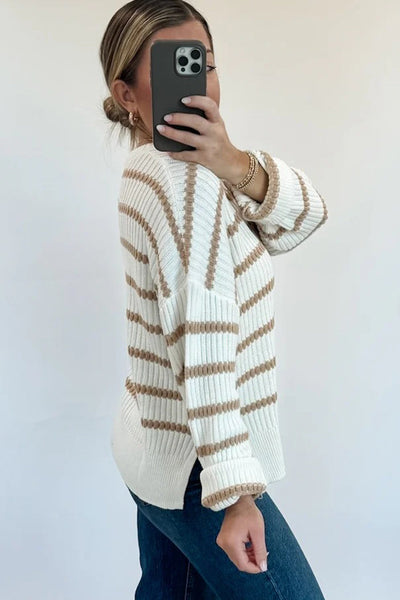 Women's Cozy Khaki Stripe Ribbed Knit Sweater - Relaxed Fit Drop Shoulder for Effortless Casual Chic