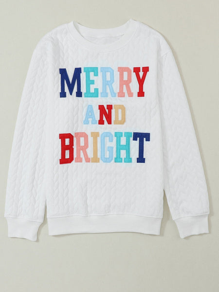 Cozy White Cable Knit Pullover with Merry and Bright Slogan