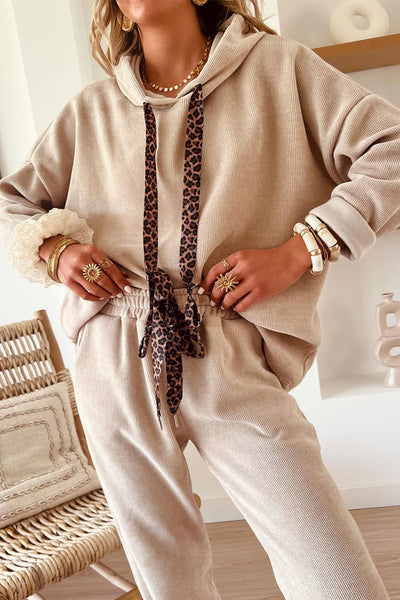 Women's Parchment Lace & Leopard Print Hoodie with Drawstring and High Waist Corduroy Pants Set for Stylish Comfort