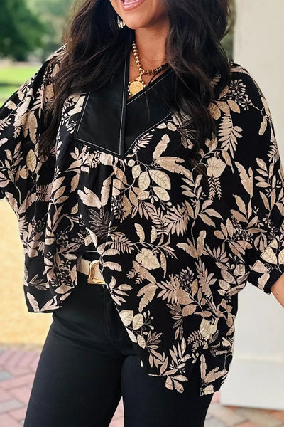 Women's Black Botanical Leaf Print Color Block V-Neck Dolman Blouse - Effortless Chic for Any Occasion