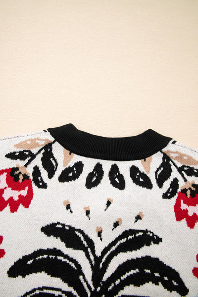Chic Women's Beige Floral Button-Up V-Neck Knit Cardigan for Cozy Layering in Every Season