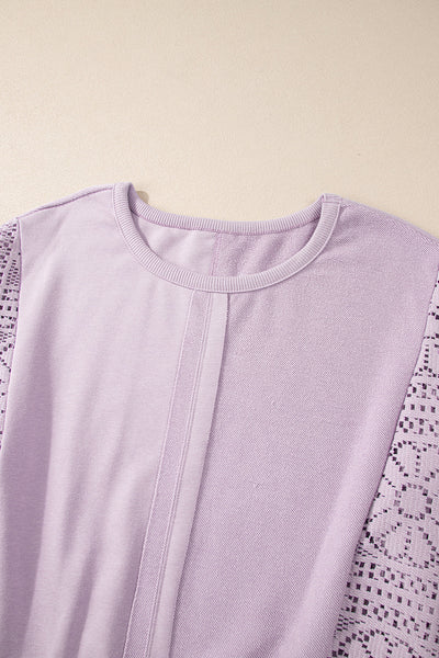 Chic Women's Orchid Petal Knit Sweatshirt with Crochet Accents, Exposed Seams, and Cozy Ribbed Trim for Effortless Style