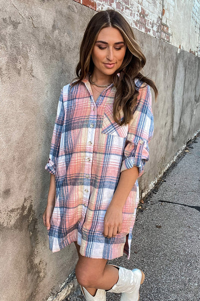 Stylish Women's Pink Plaid Shirt Dress with Roll-Tab Sleeves & Side Slits - Perfect for Casual Outings & Everyday Wear