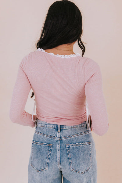 Stylish Women's Light Pink Cropped Top with Lace Trim, Square Neck & Bow Detail - Perfect Everyday Ruched Design