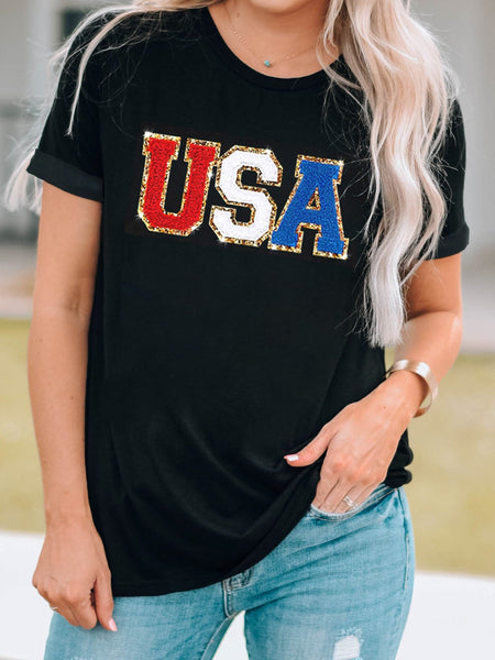 USA Glitter Sparkle Patriotic Graphic Tee