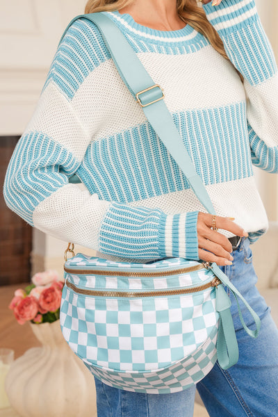 Women's Mist Blue Checkered Polyester Crossbody Bag with Wide Strap