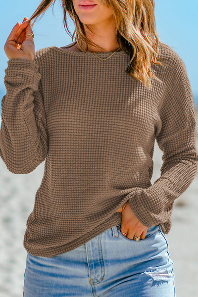 Women's Dark Brown Waffle Knit Long Sleeve Drop Shoulder Top - Cozy Casual Style for Effortless Everyday Chic