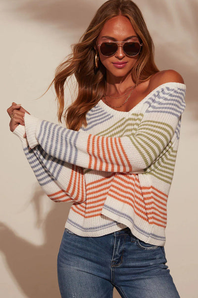 Cozy Women's Multicolor Striped V-Neck Sweater with Raglan Sleeves Trendy Knitwear for Effortless Casual Style