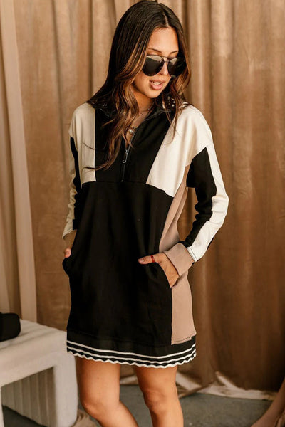 Women's Stylish Black Color Block Long Sleeve Mini Dress with Quarter Zip Comfy Fit for Casual Outings and Events
