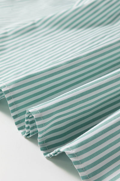 Women's Casual Green Striped V-Neck Shirt with Roll-Up Sleeves and Pocket - Perfect for Everyday Wear