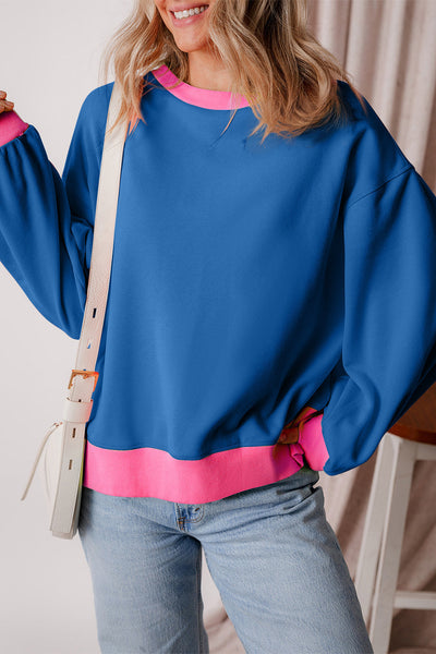 Trendy Women's Blue Colorblock Bubble Sleeve Sweatshirt Stylish Casual Top for Comfort and Everyday Wear