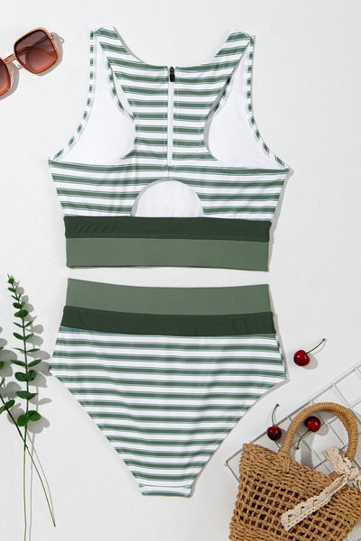 Striped Zip-Up Racerback High Waist Bikini Set in White