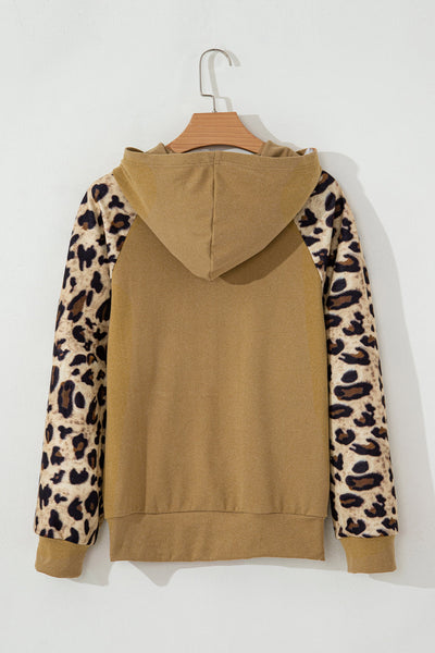 Light Beige Leopard Print Patchwork Hoodie for Women - Casual Raglan Sleeve Design with Half Buttons
