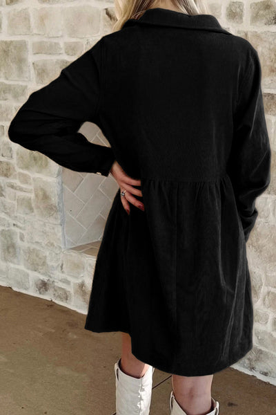 Stylish Women's Black Corduroy Mini Dress with Half Button Collar & Long Sleeves Versatile for Every Occasion