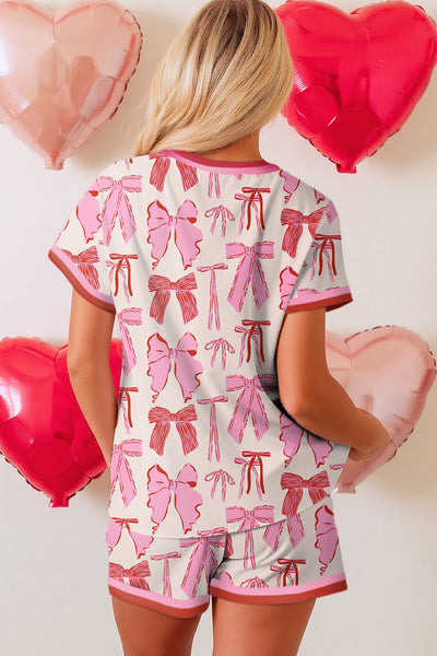 Women's Casual Summer 2-Piece Set: Pink Bow Print Tee & Drawstring Shorts, Loose Fit for Effortless Style